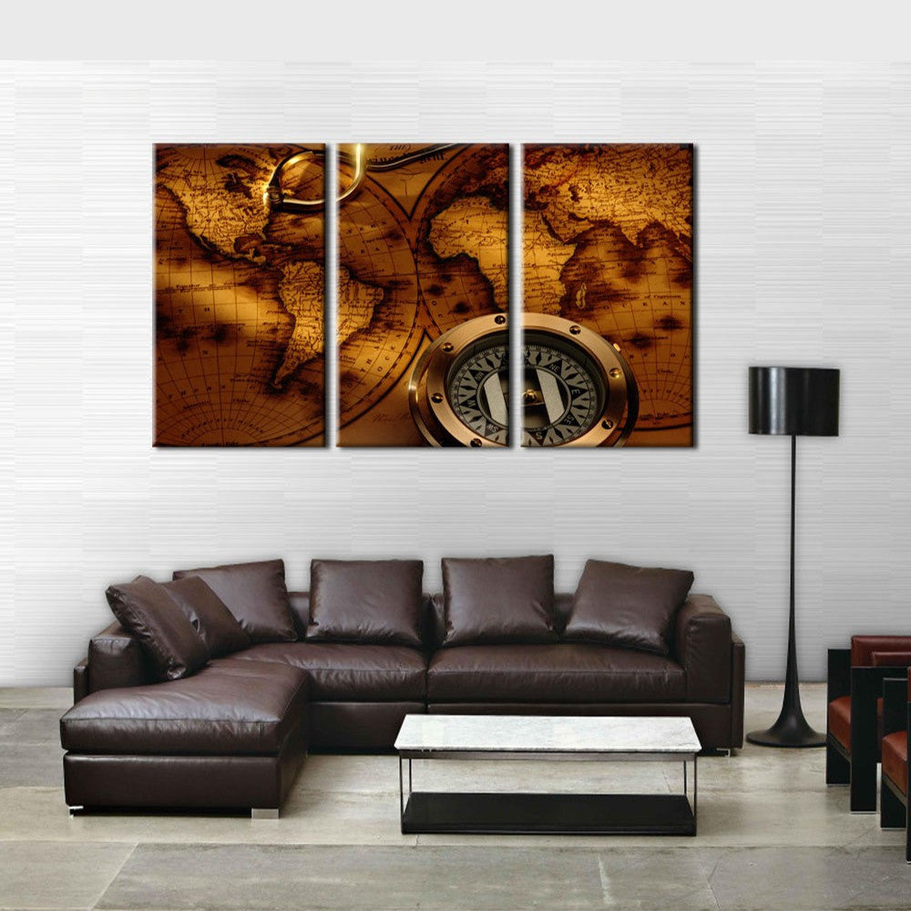 3 Panel Vintage Compass World Map Hd Wall Art Canvas Print Painting Fo Ellaseal