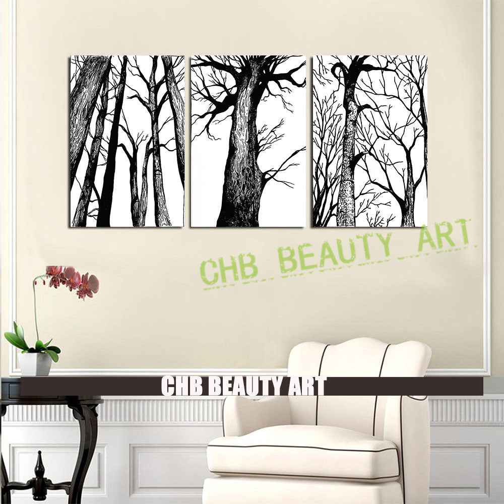 3 Panels Modern Canvas Prints Black White Trees Trunk Canvas Painting Ellaseal