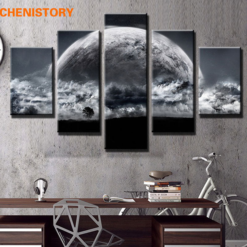 Unframed 5 Panel Grey Sky Space Universe Landscape Painting On Canvas Ellaseal