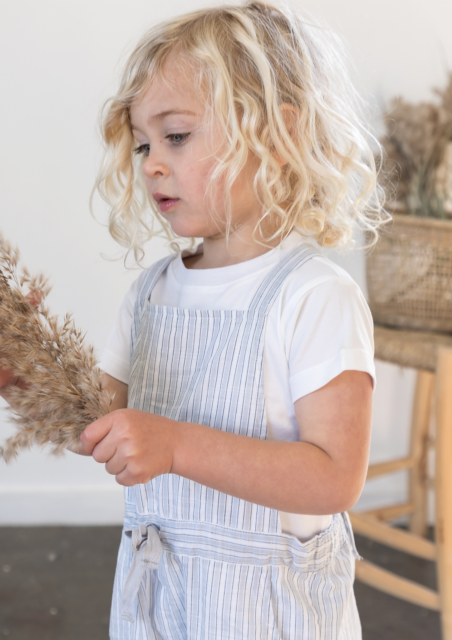 CHAMBRAY STRIPE CROSS BACK OVERALLS