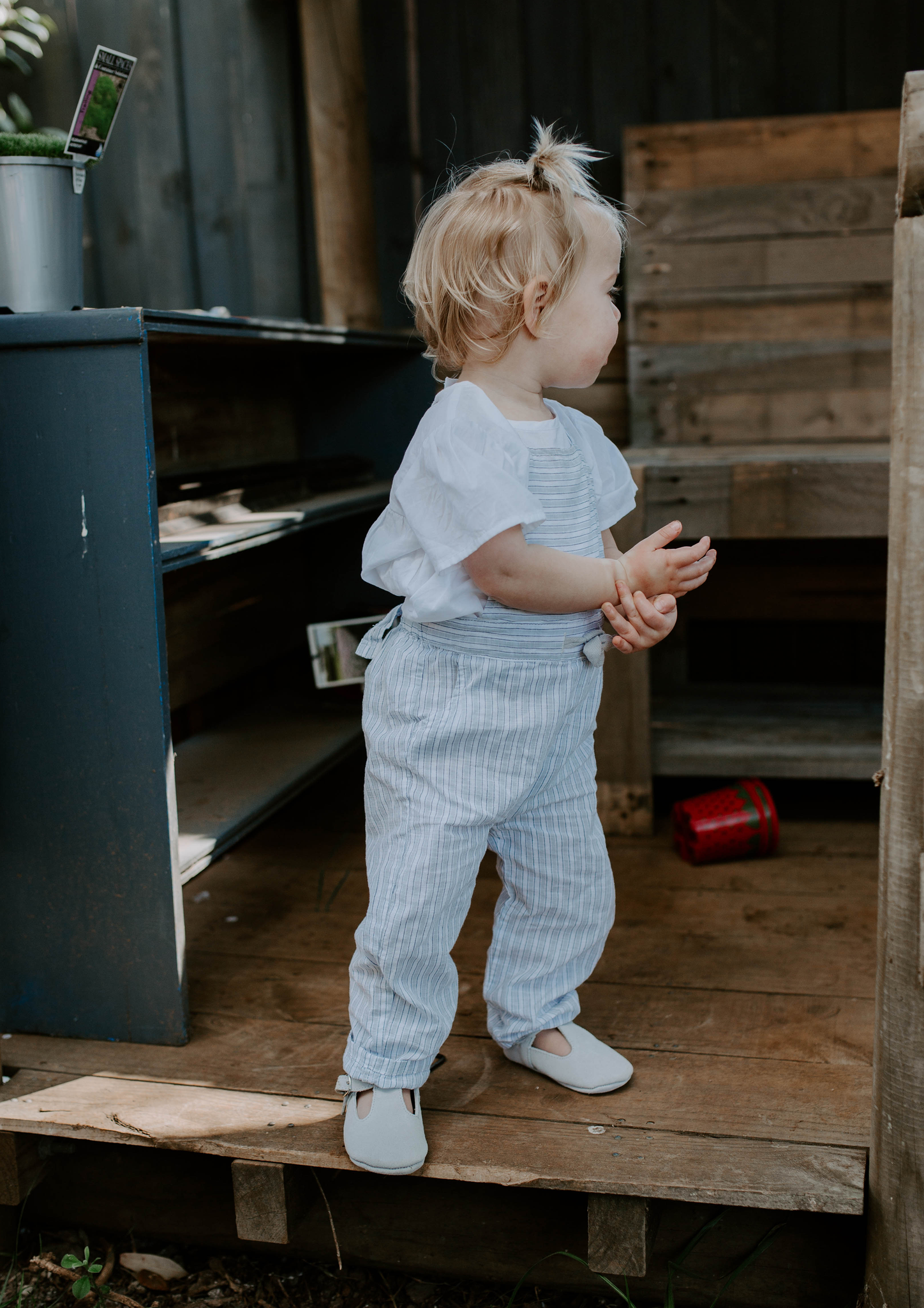 CHAMBRAY STRIPE CROSS BACK OVERALLS