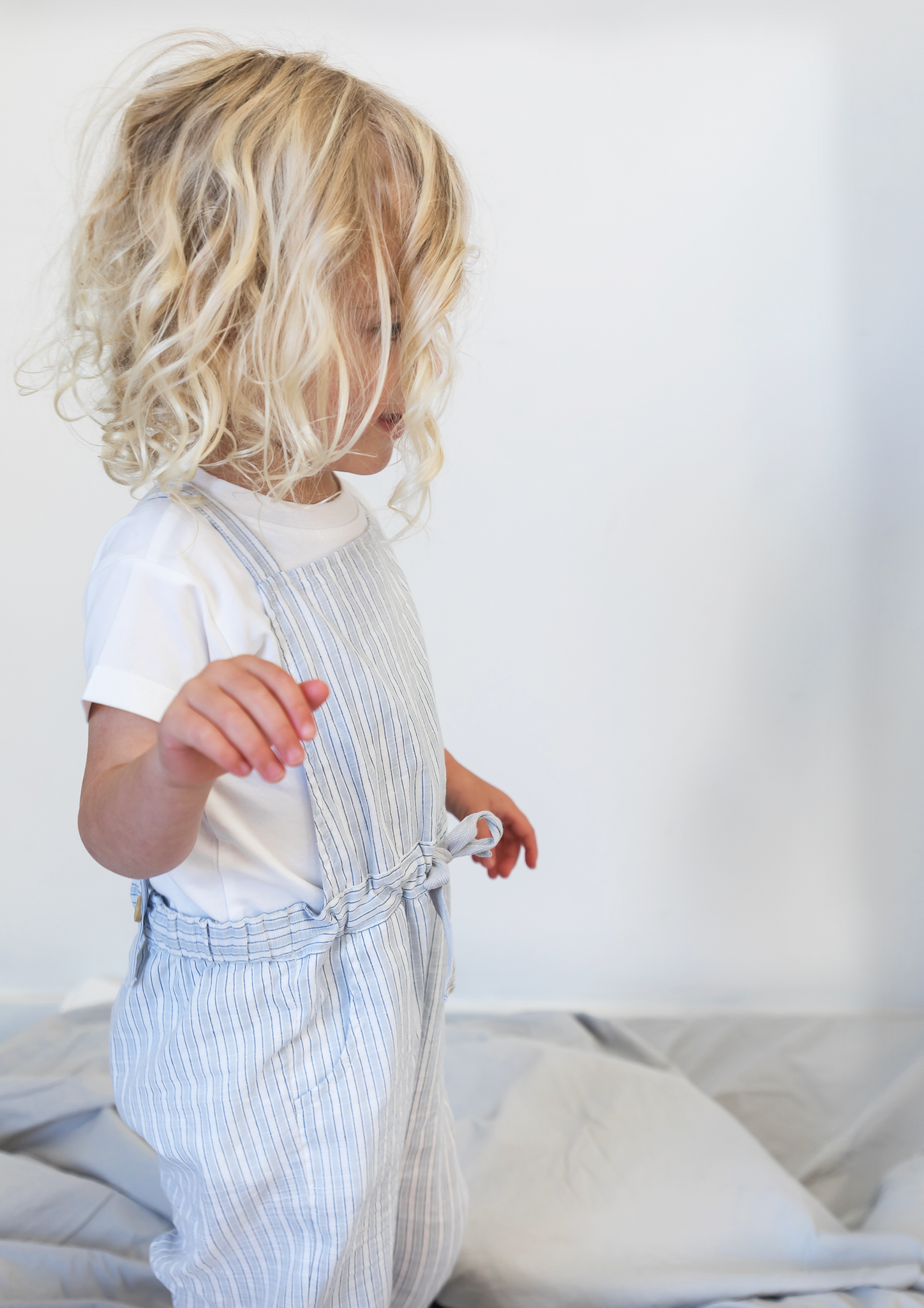 chambray stripe cross back overalls