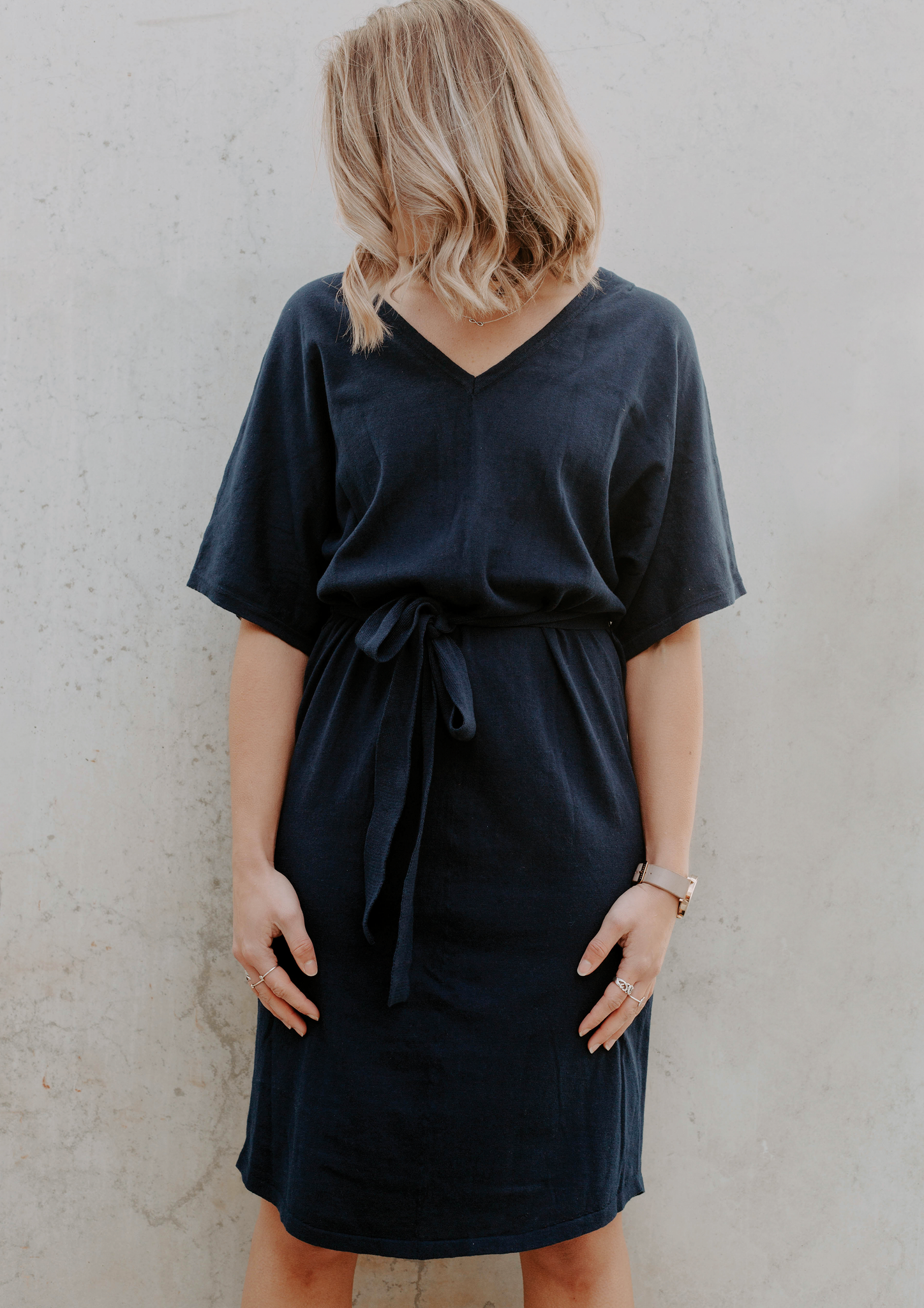 lola tie knit dress navy