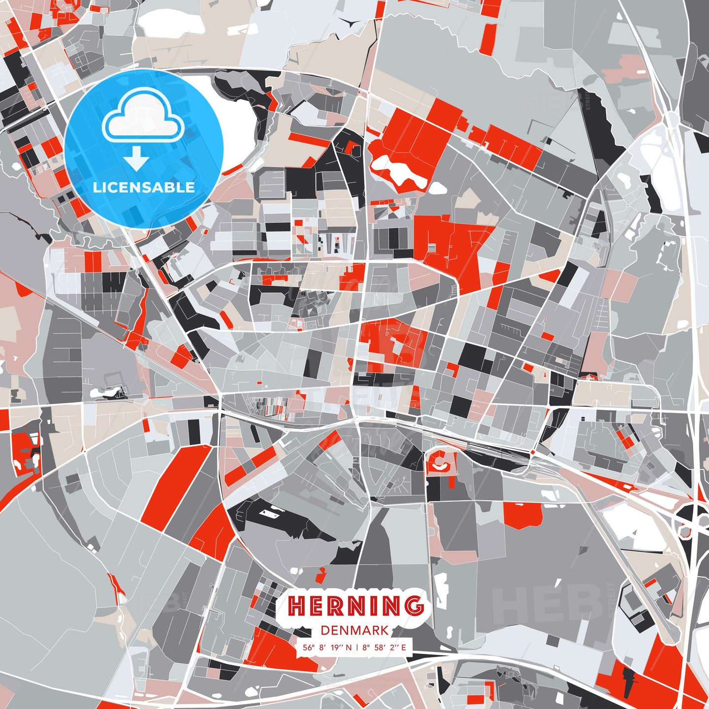 Stædig komme ud for kommentar Herning, Denmark - modern street map poster template with gray and red  tones - HEBSTREITS