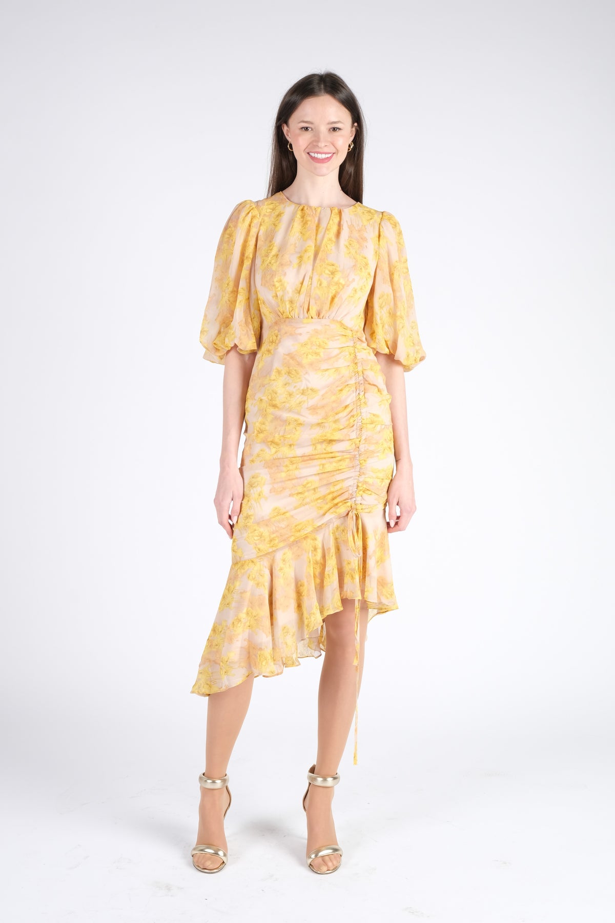 Yellow Midi Dress with Puff Sleeves