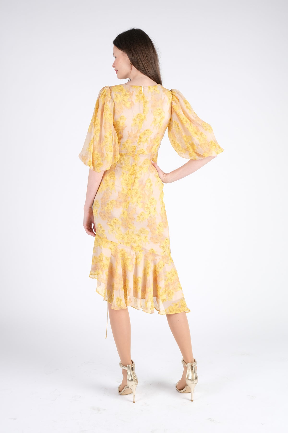 Yellow Midi Dress with Puff Sleeves