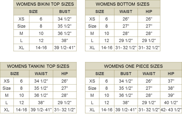 Womens One Piece Swimsuit Size Chart
