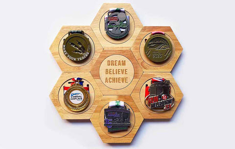 Wooden Hex Medal Display Sign™ - Dream Believe Achieve