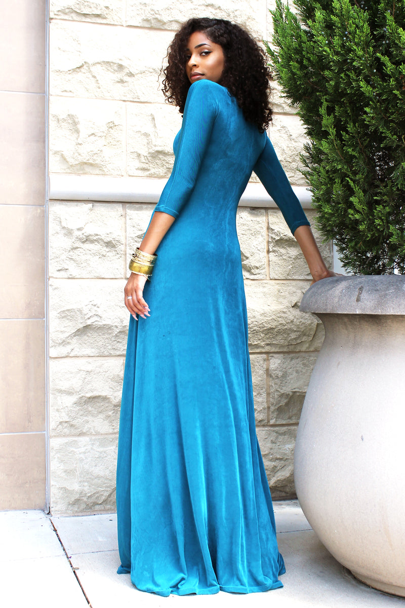 teal long sleeve maxi dress