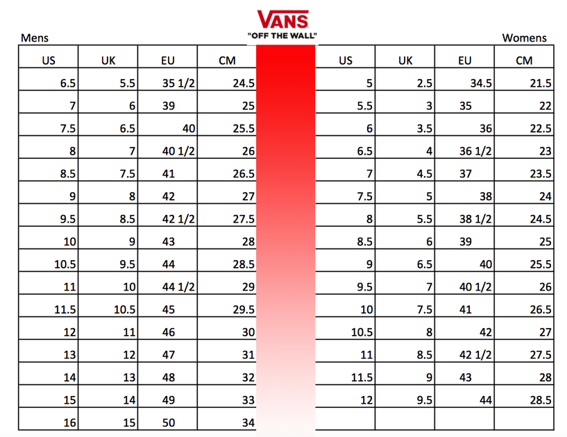 vans footwear size chart 