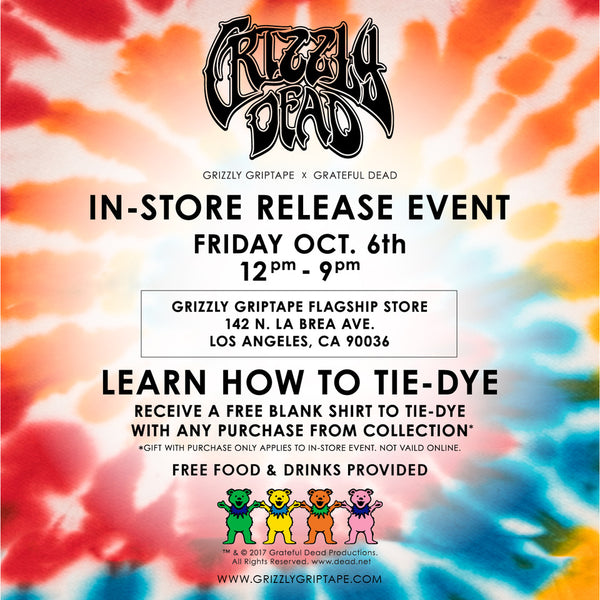 In-store release event. Grizzly Griptape x Grateful Dead teamed up for this exclusive collection including Hard-goods, soft-goods and accessories.
