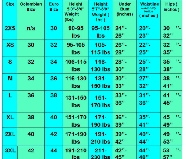 colombian jeans size chart