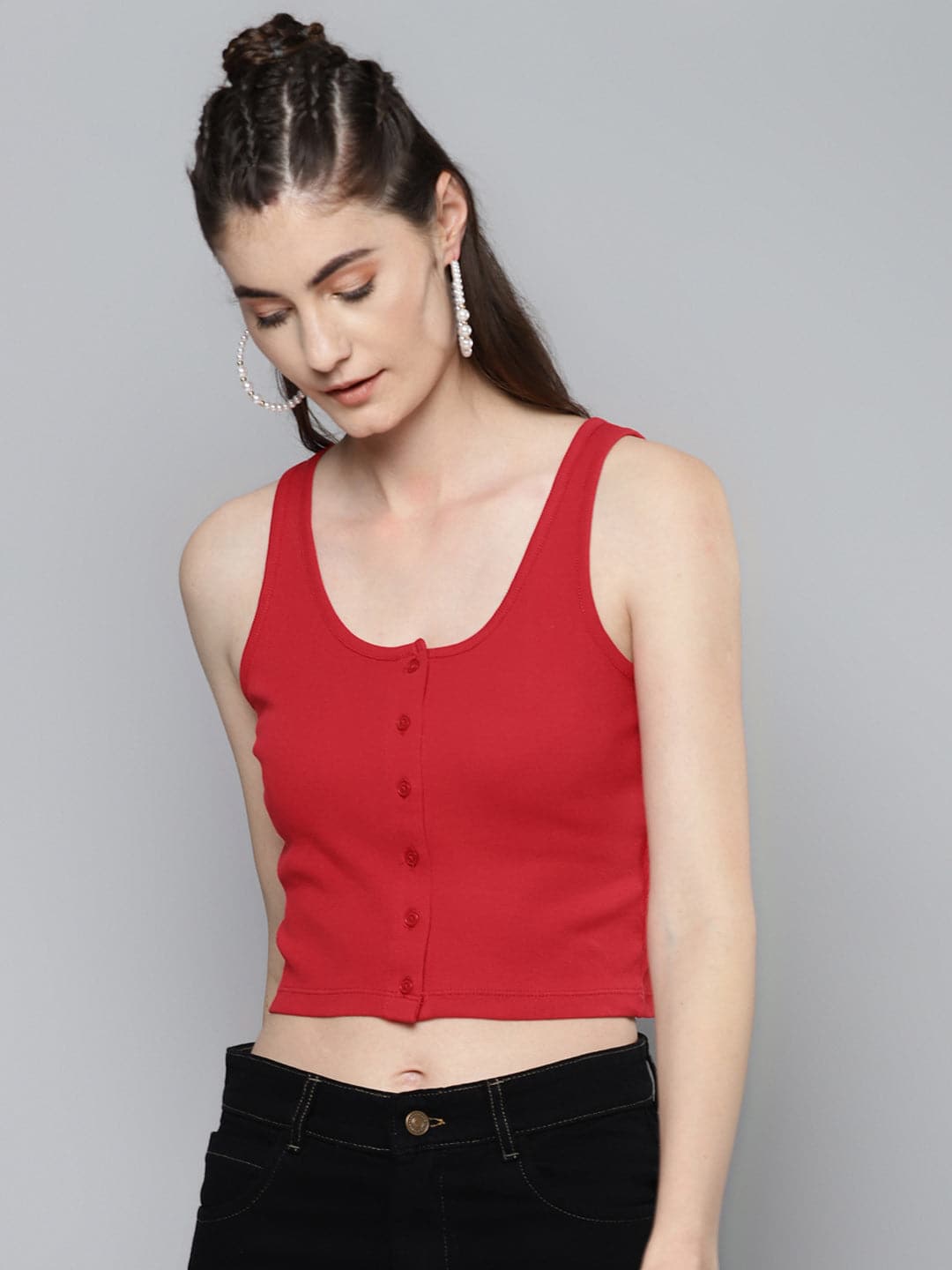 Red Front Button Crop Top Tradyl