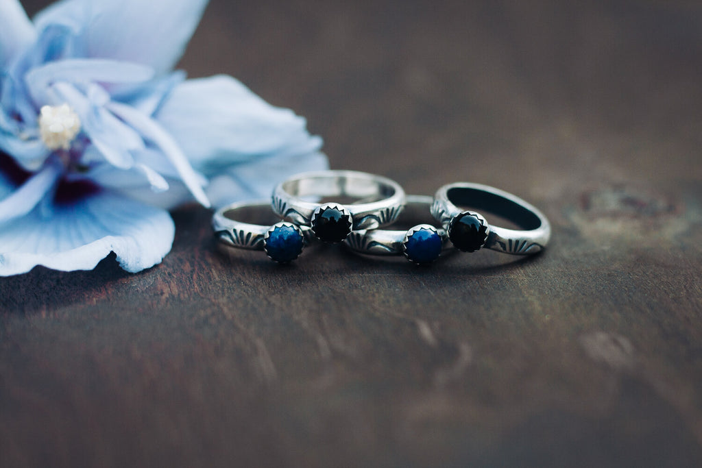 Handmade Sterling Silver lapis or black onyx handstamped stacking rings from Andewyn Moon