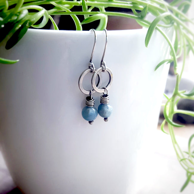 Sterling Silver Minimalist Single Bead Amazonite Circle Earrings Boho - Andewyn Designs 5
