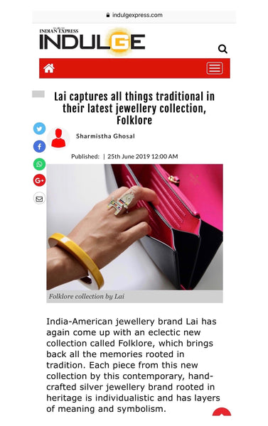 Lai's sterling silver jewellery collection, Folklore, featured in the new Indian Express Indulge