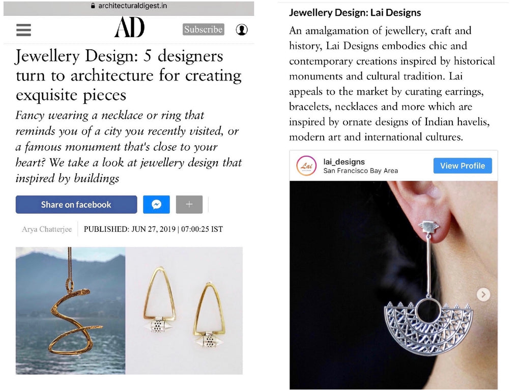 Lai featured in Architectural Digest India’s round up of 5 jewellery designers who “turn to architecture for creating exquisite pieces”. 