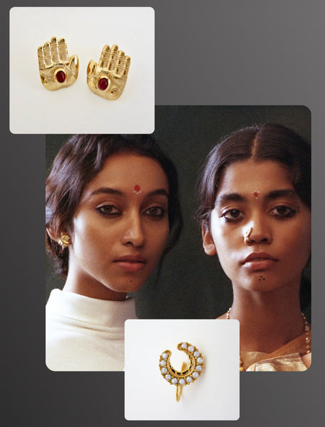 Elle India beauty editorial featuring Lai's traditional old world crescent seed pearls nose pin and sterling silver gold plated deity hand garnet stud earrings 