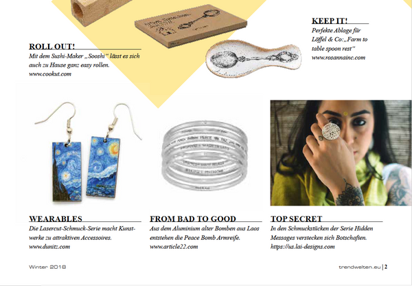 Trend and Style, trade magazine Germany on NY NOW 2018 trends. Lai sterling silver jewellery- hidden messages