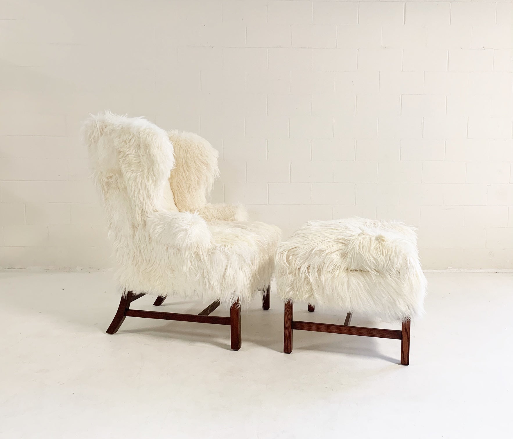 Large Wingback Chair And Ottoman In Angora Goatskin Forsyth