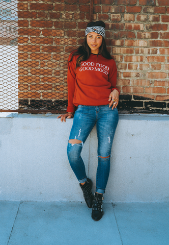 Amber Sosa wearing Vegetaryn Good Food Good Mood sweatshirt