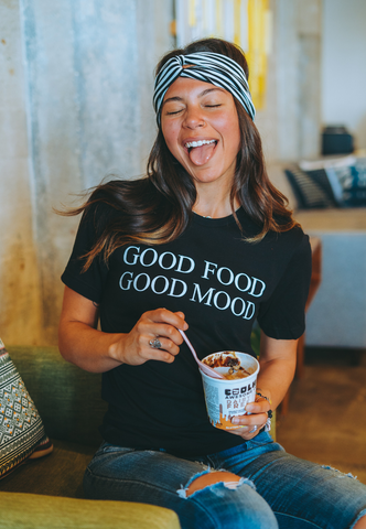 Amber Sosa wearing Vegetaryn Good Food Good Mood t-shirt