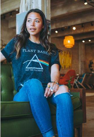 Amber Sosa wearing Vegetaryn Plant Based Pink Floyd graphic tee