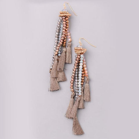 Crystal Beaded Tassel Earrings in Bronze