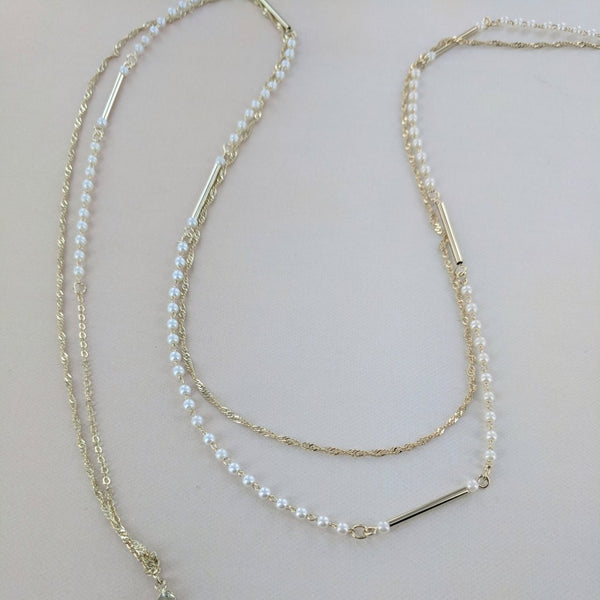 Double Strand Pearl and Gold Bars Necklace