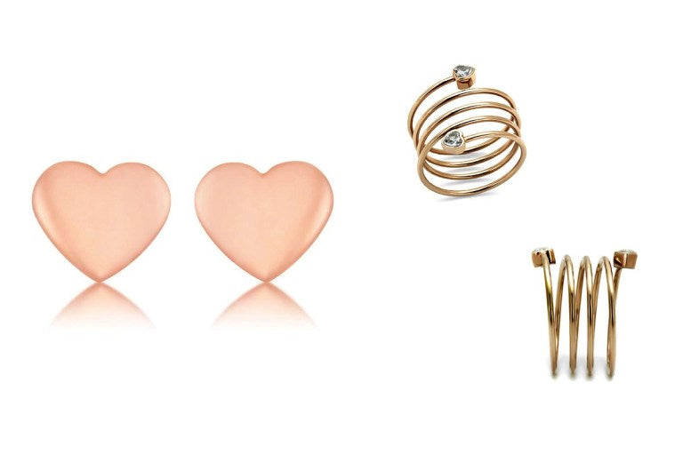 Heart Stud Earrings and Rose Gold Spiral Wrap Clear Crystal Heart Ring from Eternal Sparkles