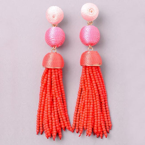 Threaded Bon Bon Beaded Tassel Earrings in Red