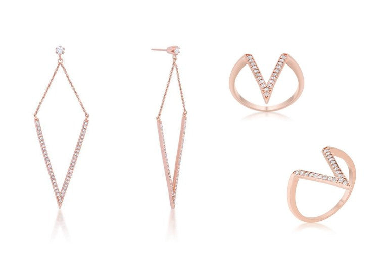 V Rose Gold Drop Earrings and Rose Gold V CZ Ring from Eternal Sparkles