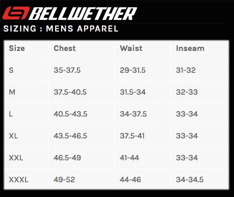 Size chart for Bellwether Endurance Gel Bib Shorts