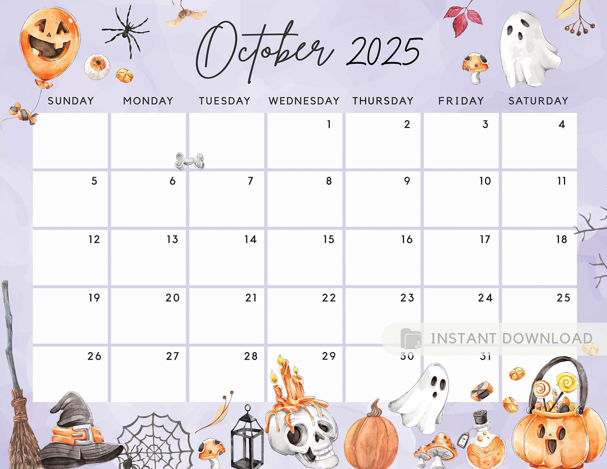 Fillable October 2025 Calendar, Halloween Fun Spooky Party Night Print – Visley Printables