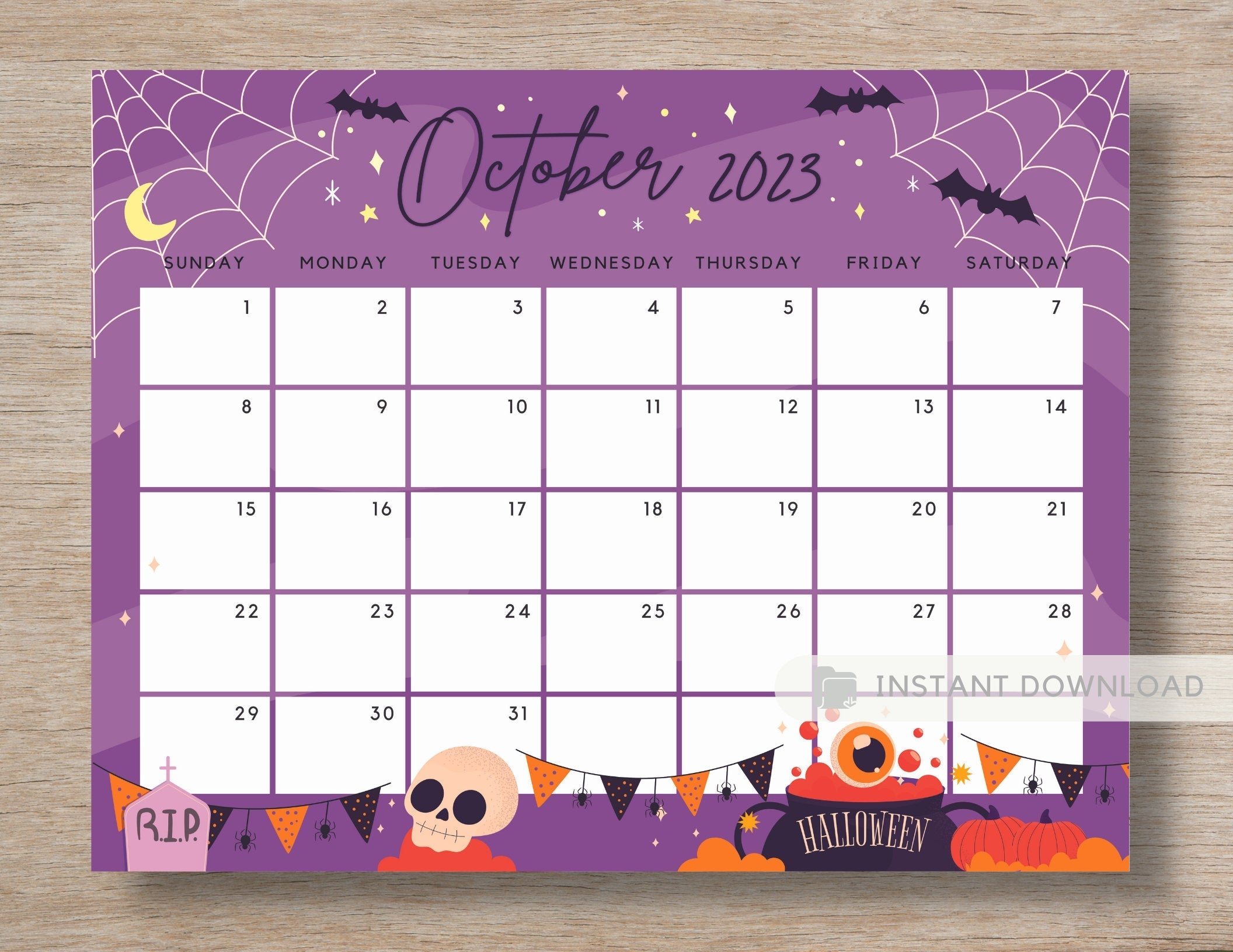 October 2023 Calendar, Cute & Spooky Halloween Night Party Printable F