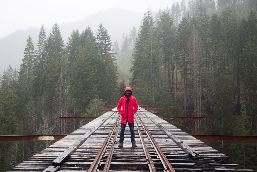 Ember&Earth Red Raincoat, Vance Creek Bridge