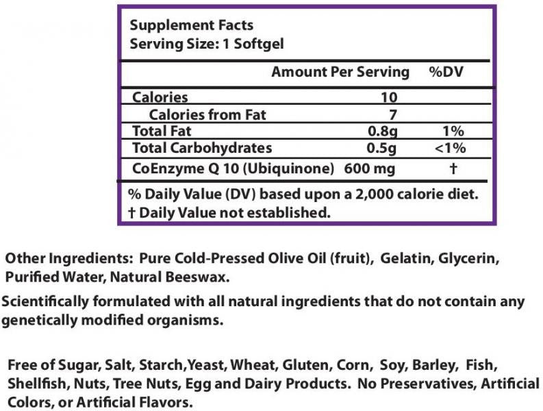 Healthy Origins CoQ10 600 mg - 30 Softgels Supplement Facts
