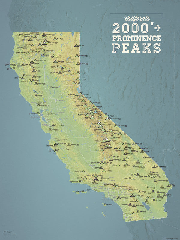 California 2000' Prominence Peaks Map 18x24 Poster - Best Maps Ever