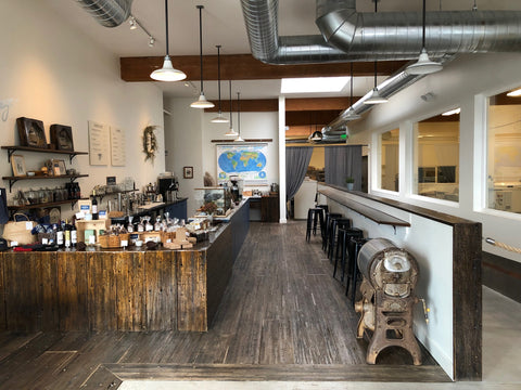 wood counters and floors inside the manufactory cafe 