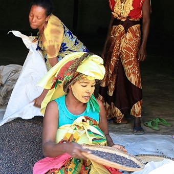 colorfully dressed women sorting cacao beans