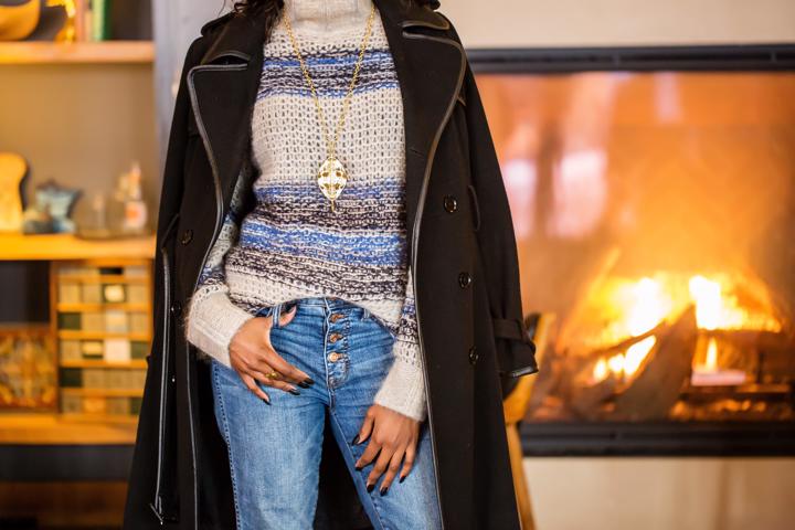 BCBG-Coat-Sweater-J.Crew-Jeans-Dalasini-Bulawayo-Gold-Shield-Pendant-Necklace