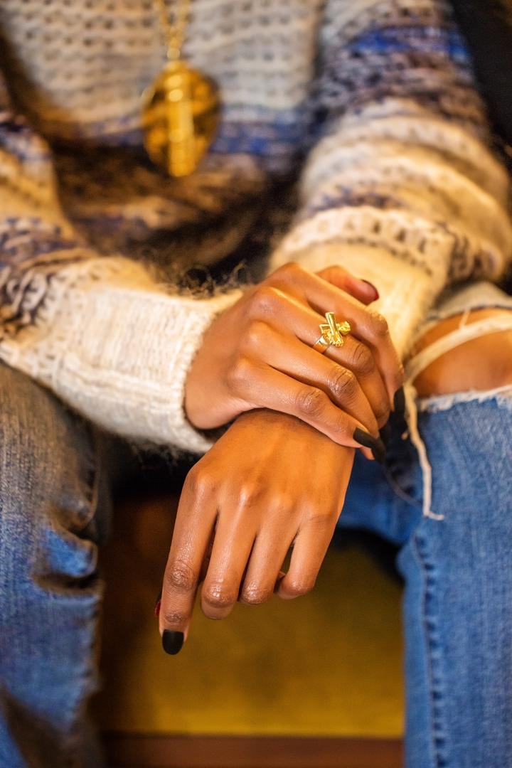 BCBG-Sweater-J.Crew-Jeans-Dalasini-Bulawayo-Gold-Shield-Pendant-Necklace-Wakanda-Gold-Ring