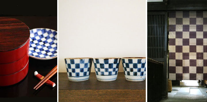 Ichimatsu pattern on ceramics and fabrics