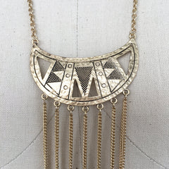 howlite Eclectic Aztec tribal half moon bib necklace with chain fringe, spike details and turquoise charms