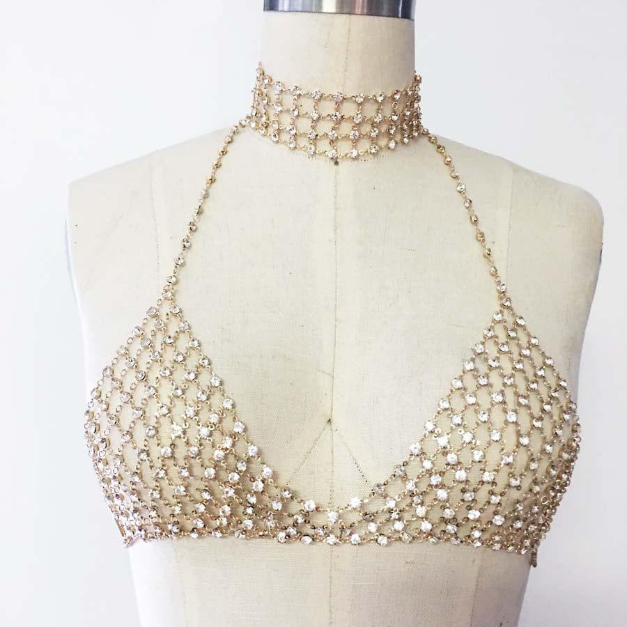 Gold Chain bralette Choker crystal bralette bra bodychain with chainmail detail statement bra