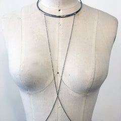 Silver Minimal and chic choker body chain, CRISS CROSS front with dainty chains