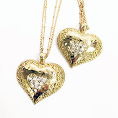 Gold heart pendant necklace with multi gold adjustable chain and rhinestone