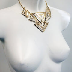 Multi dimensional gold cage bib triangle necklace with gold plated chains, spectacular, stunning item