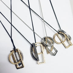 3 shape circle rectangle crescent 2-d geometric long pendant necklace with ultra cool chains