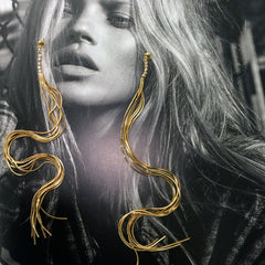 Gold plated snake chain long earring Shoulder duster earring Dangle drop fringe rhinestone post earring